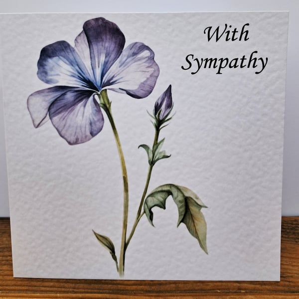 C6726   With Sympathy Card, Hammered Card, Blue and Mauve Flower,