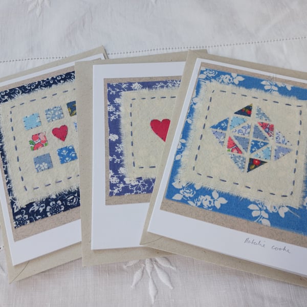 Patchwork Hearts hand stitched appliqué vintage fabric textile art cards x3