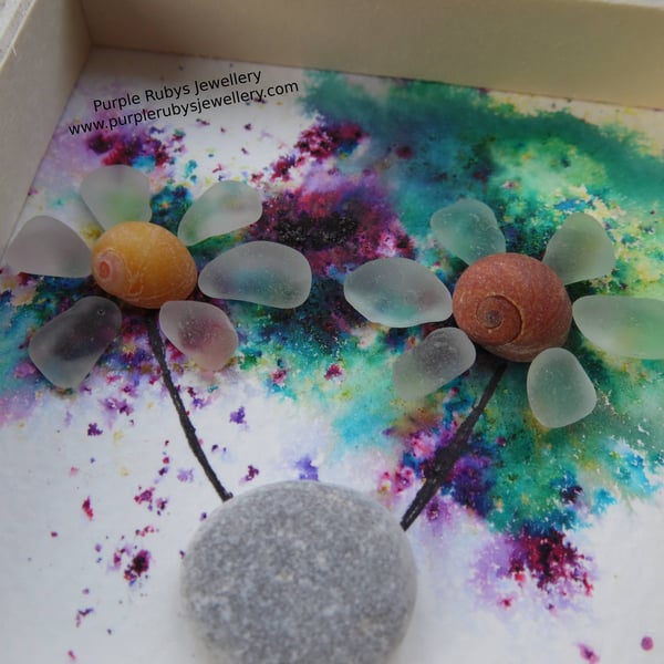 Two Cornish Sea Glass Flowers on Purple & Teal Tie-Dye P168