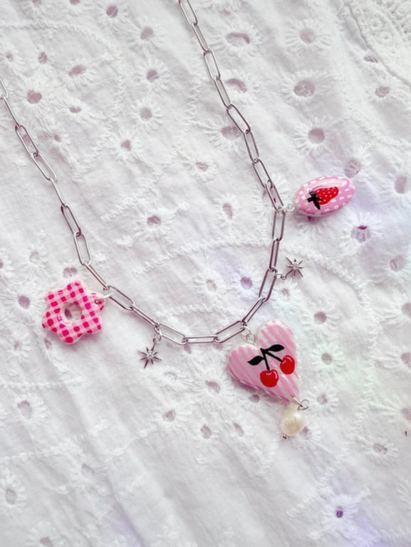 Cherry Gingham Silver 925 Stainless Steel Chain Necklace