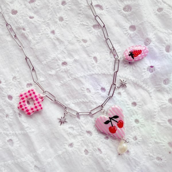 Cherry Gingham Silver 925 Stainless Steel Chain Necklace