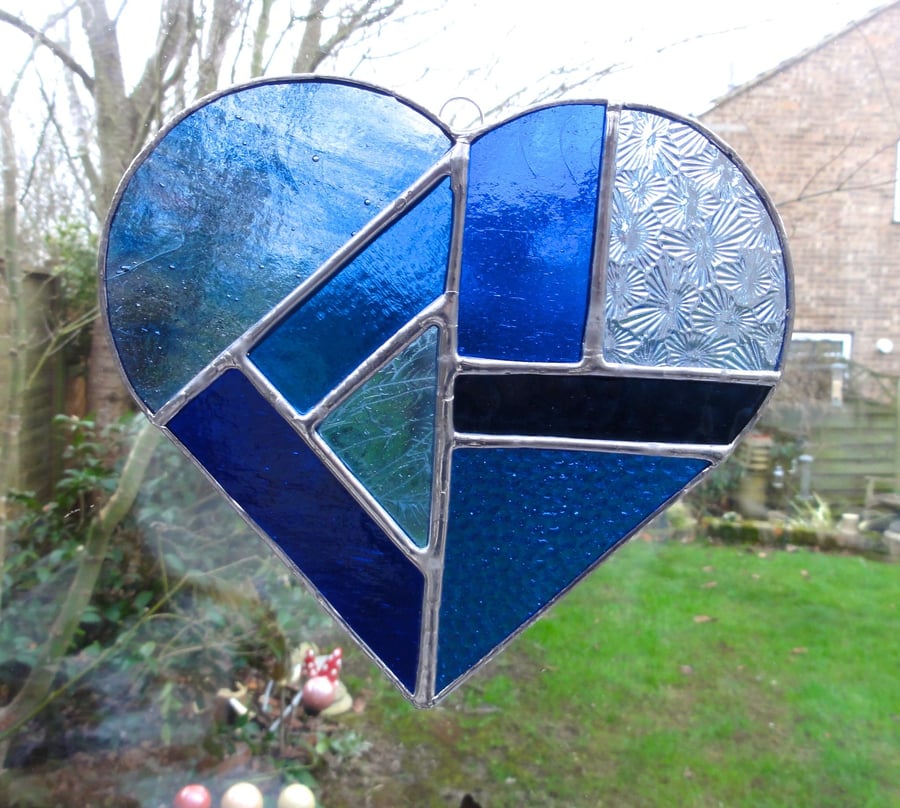 Large Stained Glass Heart Suncatcher - Blue and Turquoise
