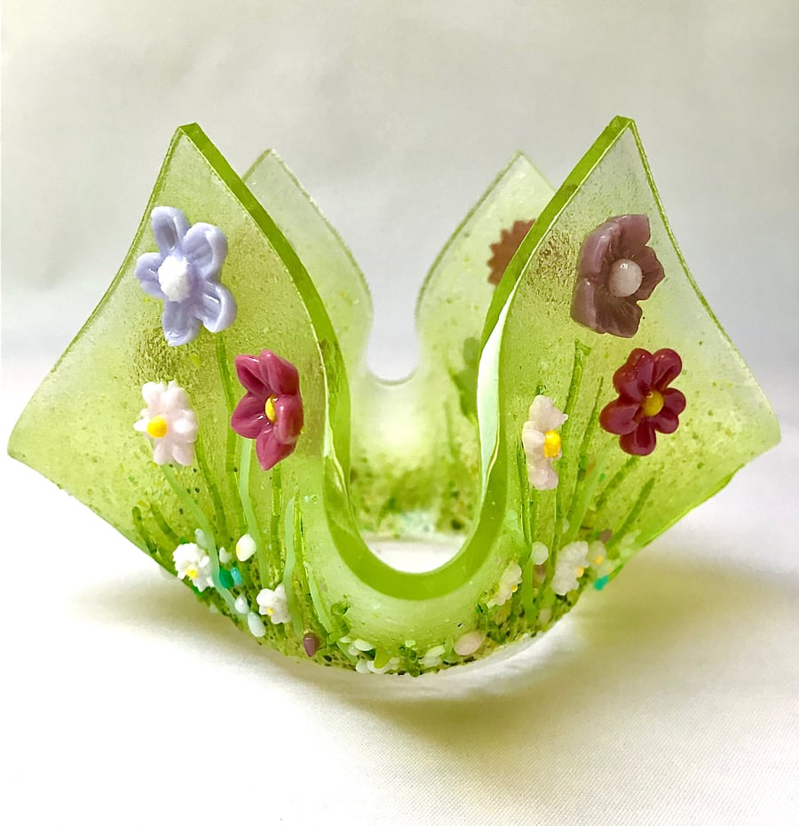 Fused Glass Pink Wild Flower Candle Holder