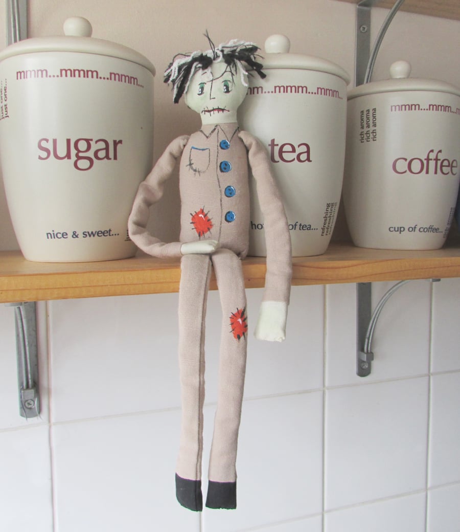 Zombie Art Doll, Primitive Art, Hand Stitched & Hand Painted, Shelf Sitter Doll 
