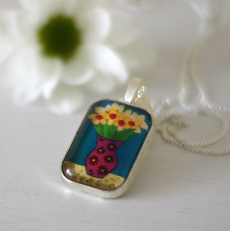 Teal Pendant with Daffodils, Yellow Flowers Pendant Necklace with Art Print