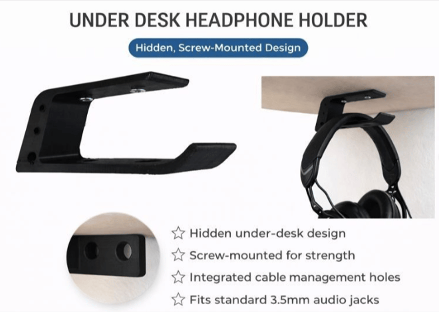 Under Desk Headphone Holder – Screw Mounted, Hidden Storage Design
