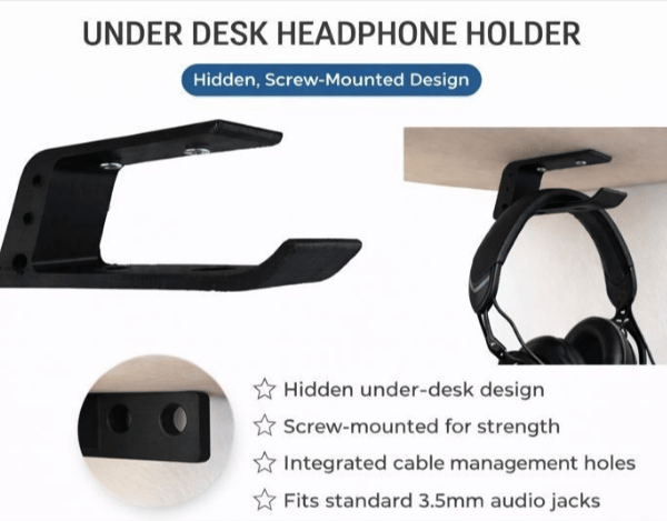 Under Desk Headphone Holder – Screw Mounted, Hidden Storage Design