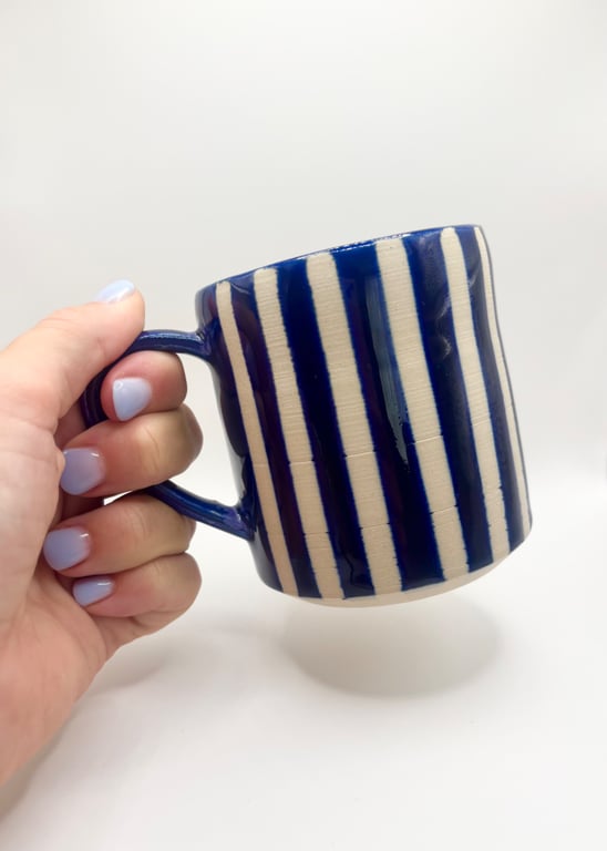Navy blug mug with stripes - wheel thrown 
