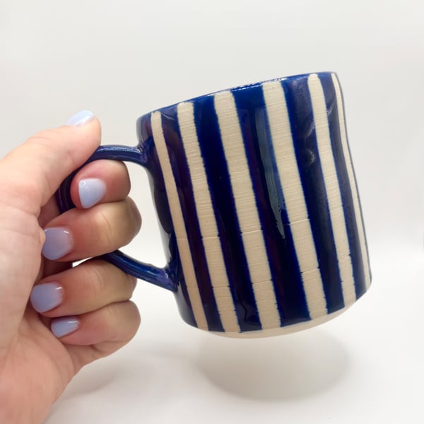 Navy blug mug with stripes - wheel thrown 