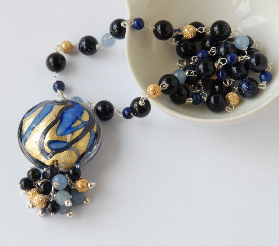 Gold foil murano glass, blue goldstone, lapis and aventurine silver necklace