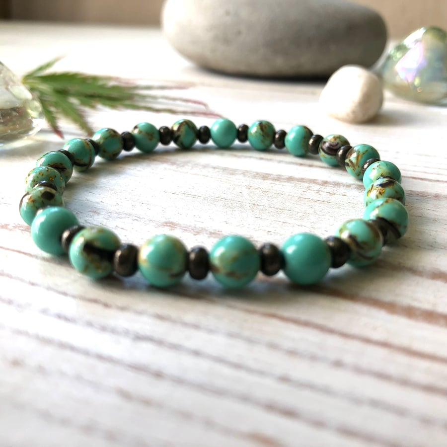 Delicate Turquoise Green Shell Bead and Natural Pyrite Beaded Stretch Bracelet