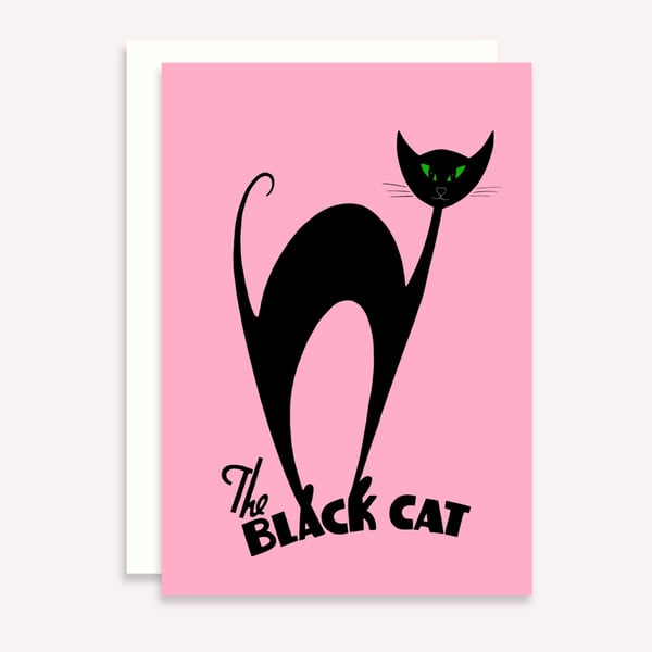 Pink Cat Greetings Card and Envelope with a Mid Century Style Atomic Black Cat 