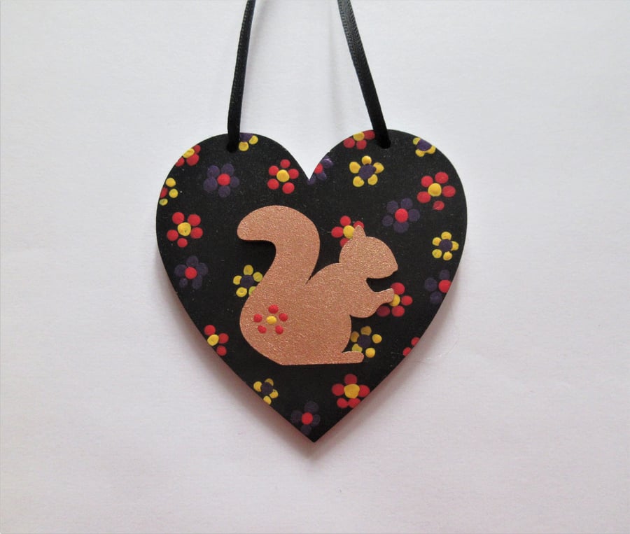 Squirrel Hanging Heart Decoration Hand Painted Ditsy Flowers