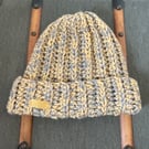 Handmade Crochet Beanie Hat – Grey and Mustard Yellow Mix