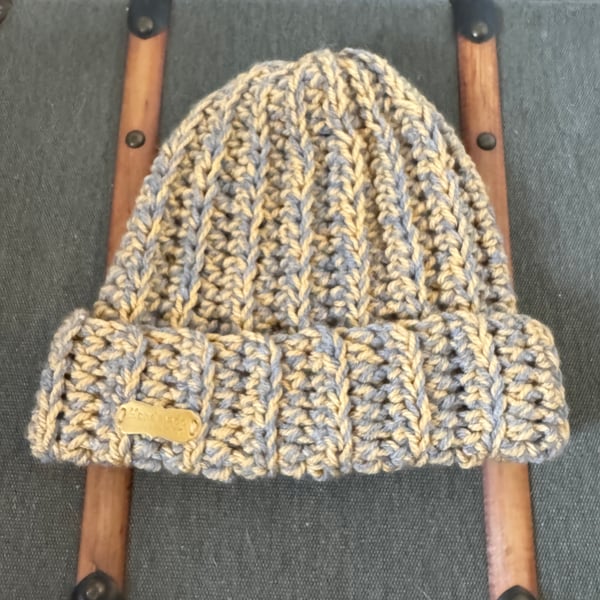 Handmade Crochet Beanie Hat – Grey and Mustard Yellow Mix