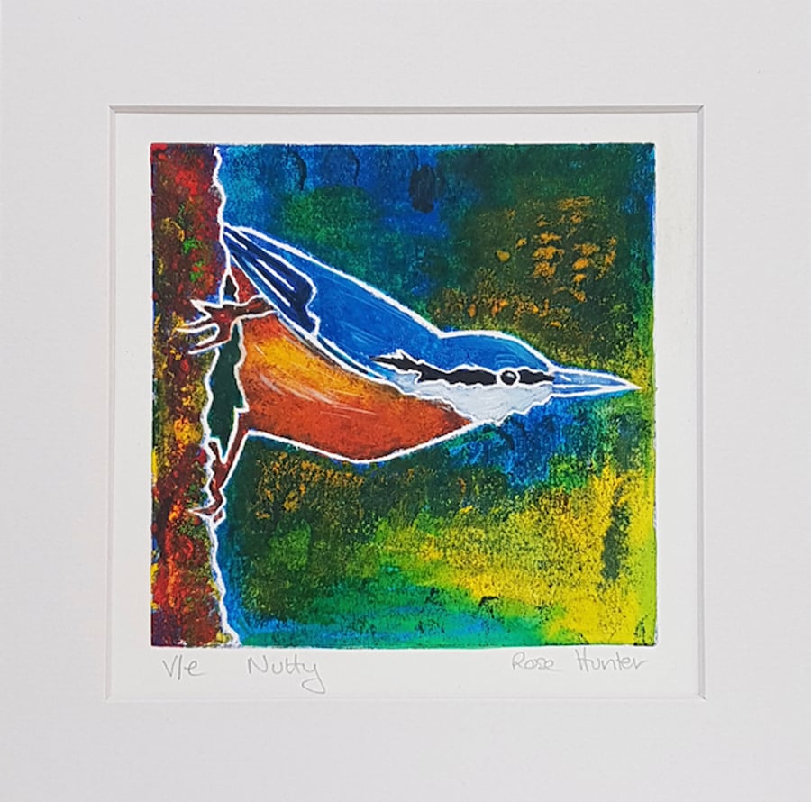 SALE nutty - original hand painted lino print of a nuthatch 011