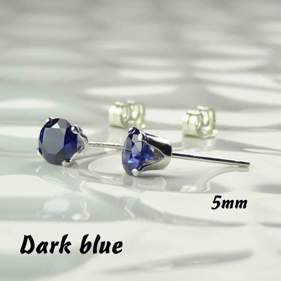 Cubic Zirconia stud earrings, sterling silver or 14k gold filled, dark blue, 5mm