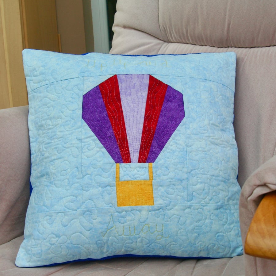 Cushion Cover - Up, Up and Away. Quilted Patchwork Hot Air Ballon