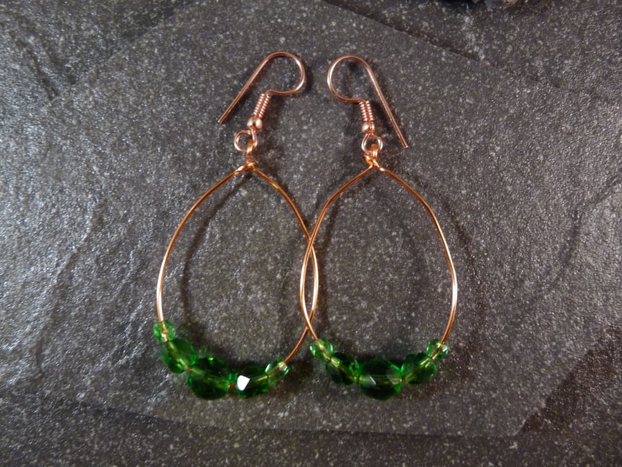 Large Hoop Earrings - Green Faceted Glass - 40mm - Copper 