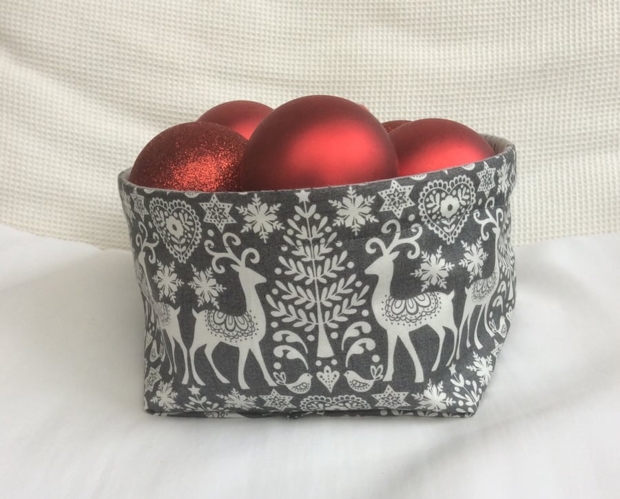  Christmas, winter fabric basket, bowl, multi purpose storage, white on grey.