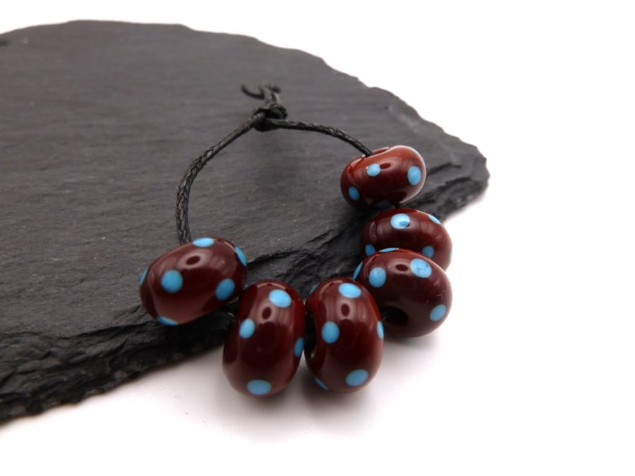 lampwork glass beads, brown and turquoise spots