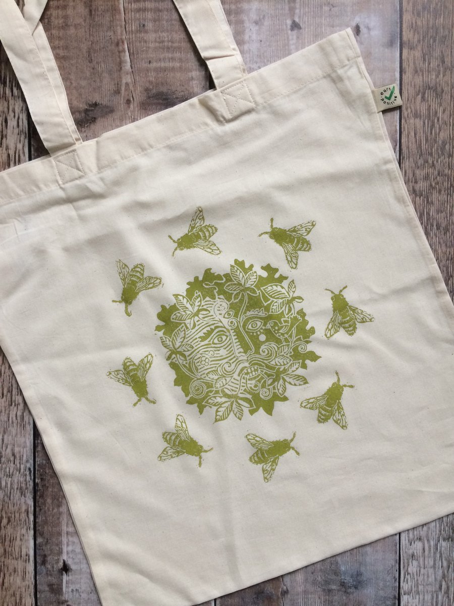 Green Man Eco Tote Bag (Hand Printed Organic Cotton)