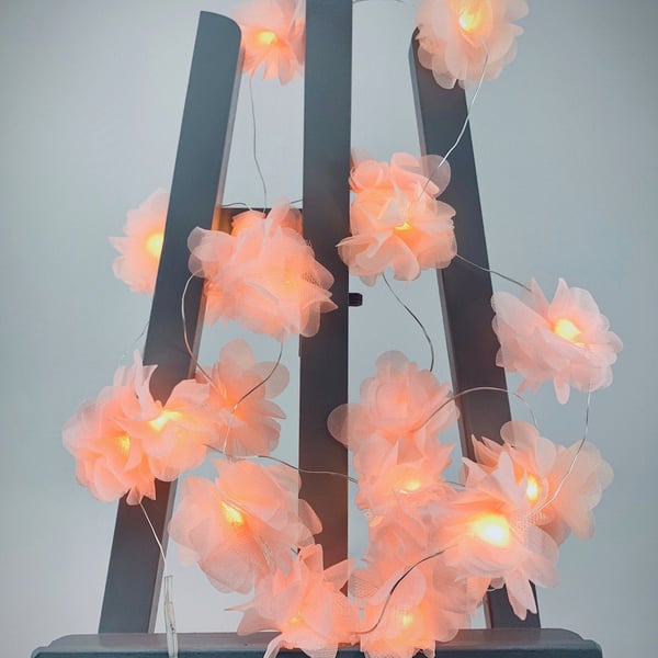 20 chiffon flower Fairy Lights in peach.