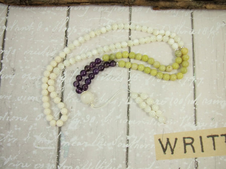 Mala Necklace, Amethyst, Jade, Shell and Silver 108 Mala Prayer Beads