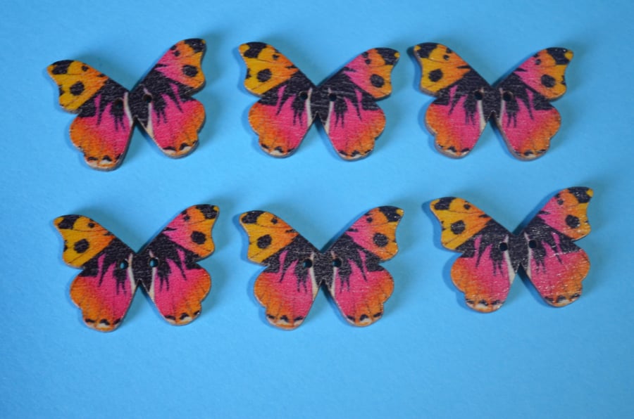 Wooden Butterfly Buttons Pink Orange Yellow Black 6pk 28x20mm (B20)