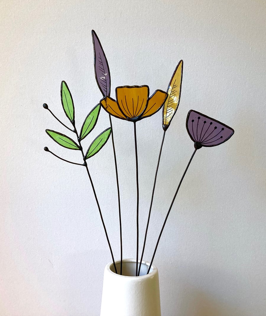 Forever Eternal Wild Flowers on stems - Handmade Stained Glass Flowers