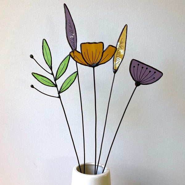 Forever Eternal Wild Flowers on stems - Handmade Stained Glass Flowers