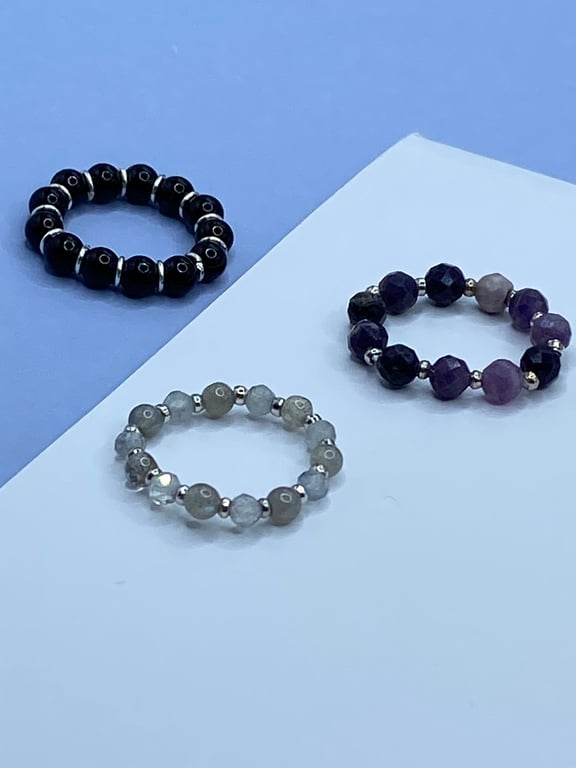 3 stretchy stacker rings with labradorite, purple fluorite and black shell pearl