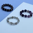 3 stretchy stacker rings with labradorite, purple fluorite and black shell pearl