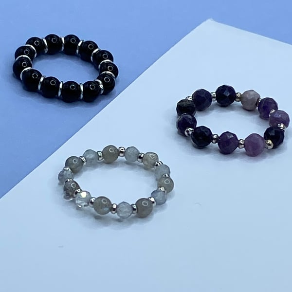 3 stretchy stacker rings with labradorite, purple fluorite and black shell pearl