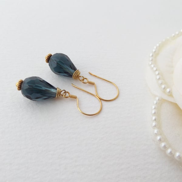 Ink Blue Gold Vermeil Earrings, Big Pear drop Glass Dangle Earrings