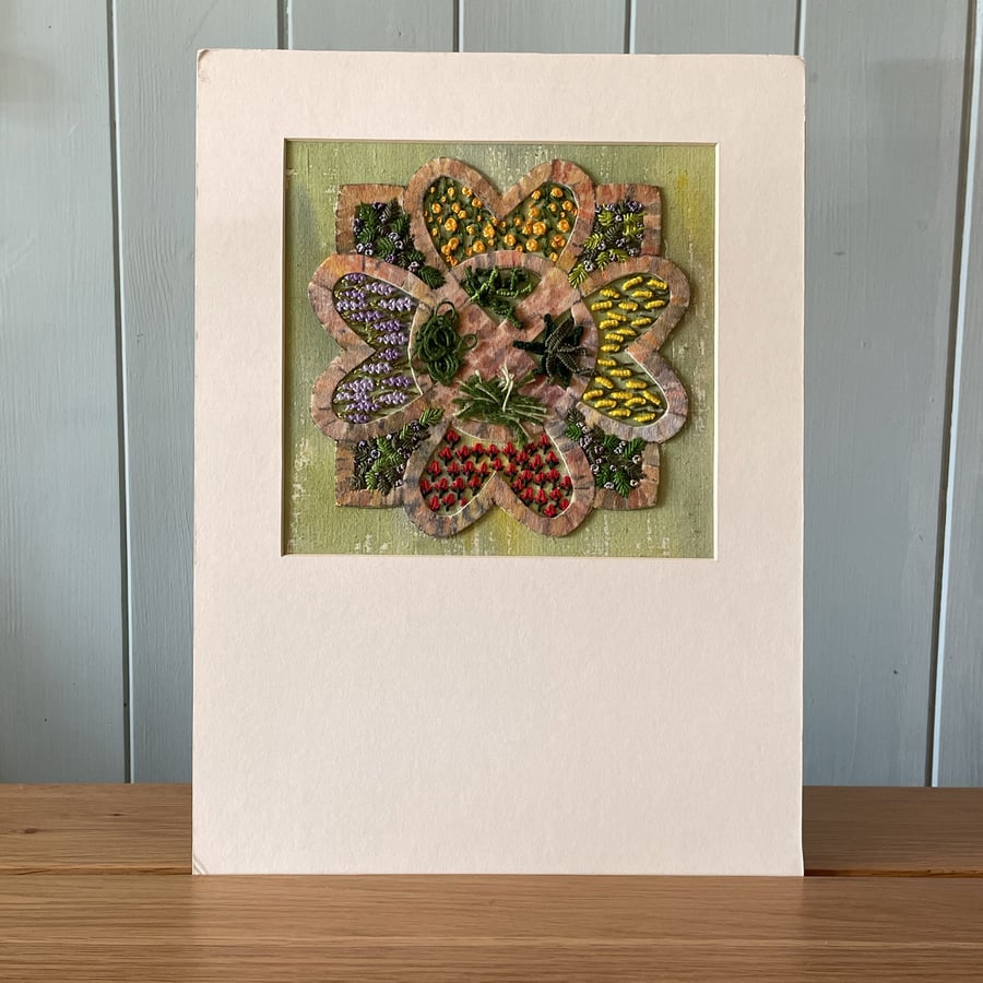 Vegetable Garden Embroidery. Hand stitched Art work. Textiles art. Original work