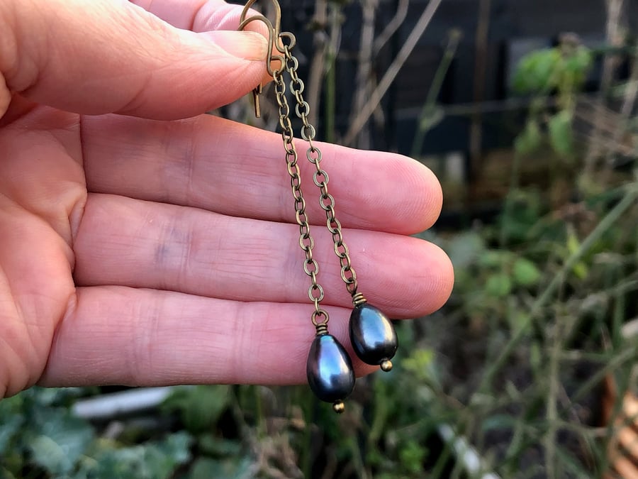  Long Black Freshwater Pearl Drop Earrings. Bohemian Boho Dangle Earrings