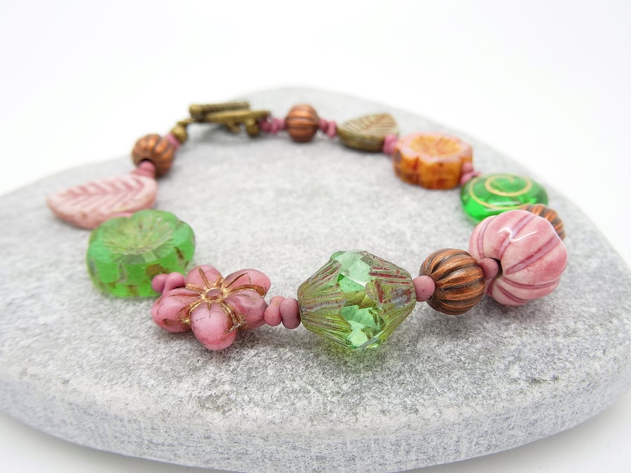 Flower Bracelet, Pink Bracelet, Green Bracelet, Bohemian Bracelet.