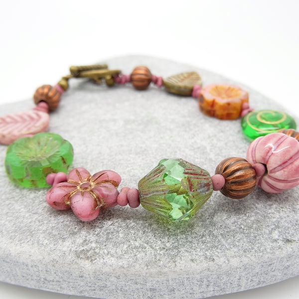 Flower Bracelet, Pink Bracelet, Green Bracelet, Bohemian Bracelet.