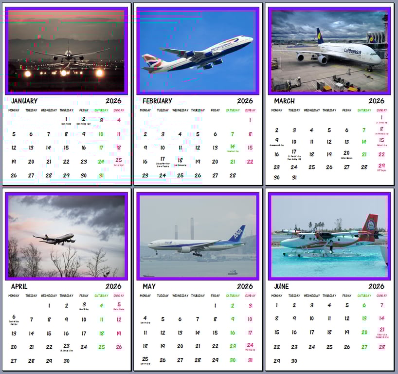 2026 A4 Calendar Aeroplanes Themed  