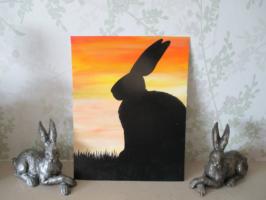 Bunny Rabbit Silhouette Painting Original Art Picture Black Sunset Sky