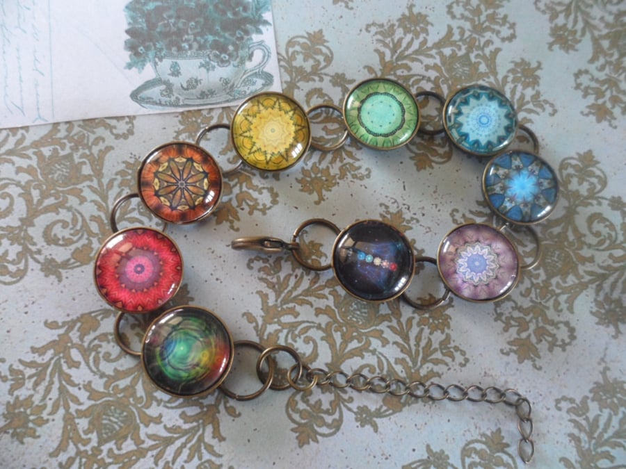 Mandala 7 Chakra Reiki Image Charm Bracelet, Yoga Spiritual Meditation.