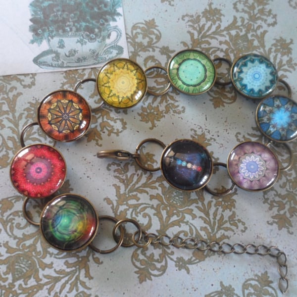 Mandala 7 Chakra Reiki Image Charm Bracelet, Yoga Spiritual Meditation.