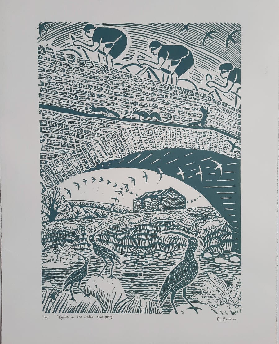 Large limited edition linoprint. Cyclists, Yorkshire 