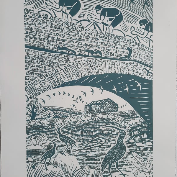 Large limited edition linoprint. Cyclists, Yorkshire 