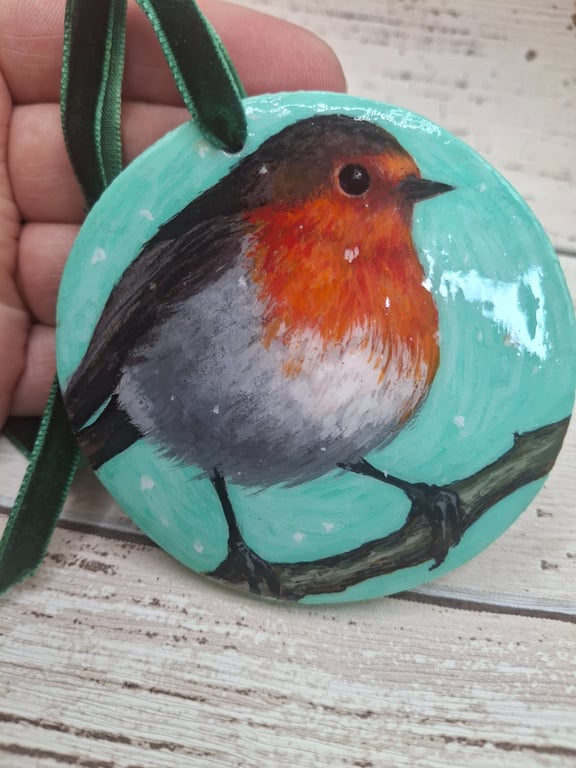 Robin red breast hanging decoration, Hand painted robin hanging ornament