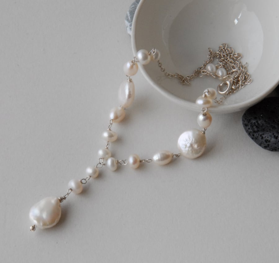 White Cultured Fresh Water and Biwa Pearl Silver necklace