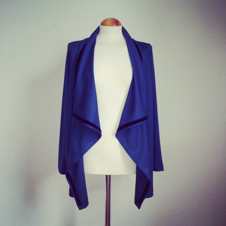Prussian Blue waterfall front jersey jacket with velvet trim
