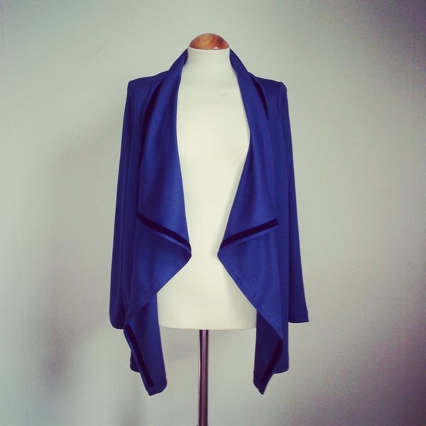 Prussian Blue waterfall front jersey jacket with velvet trim