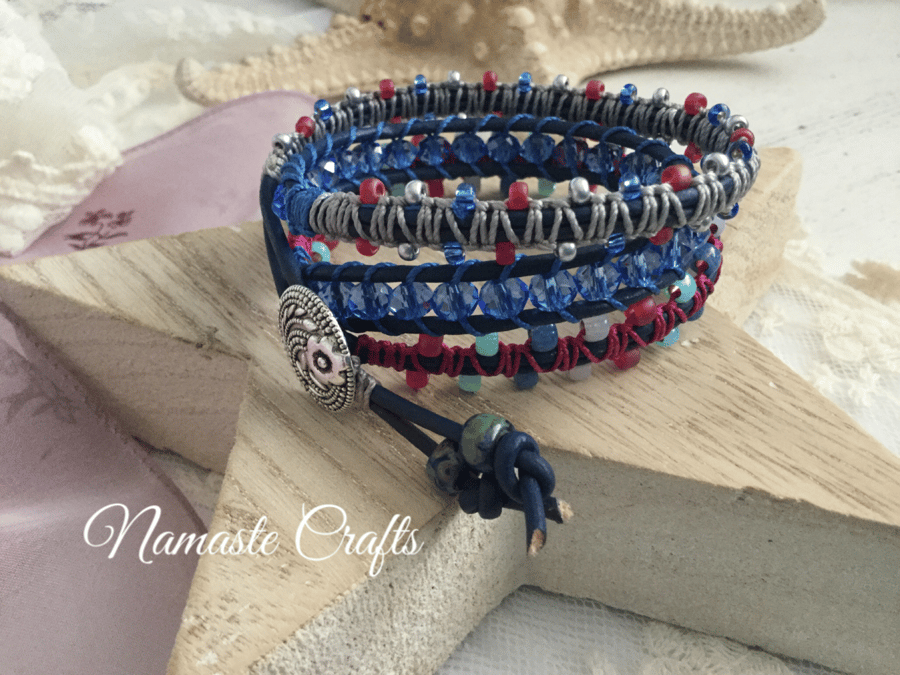 Leather wrap beaded bracelet, beach, bohemian,yoga, cuff